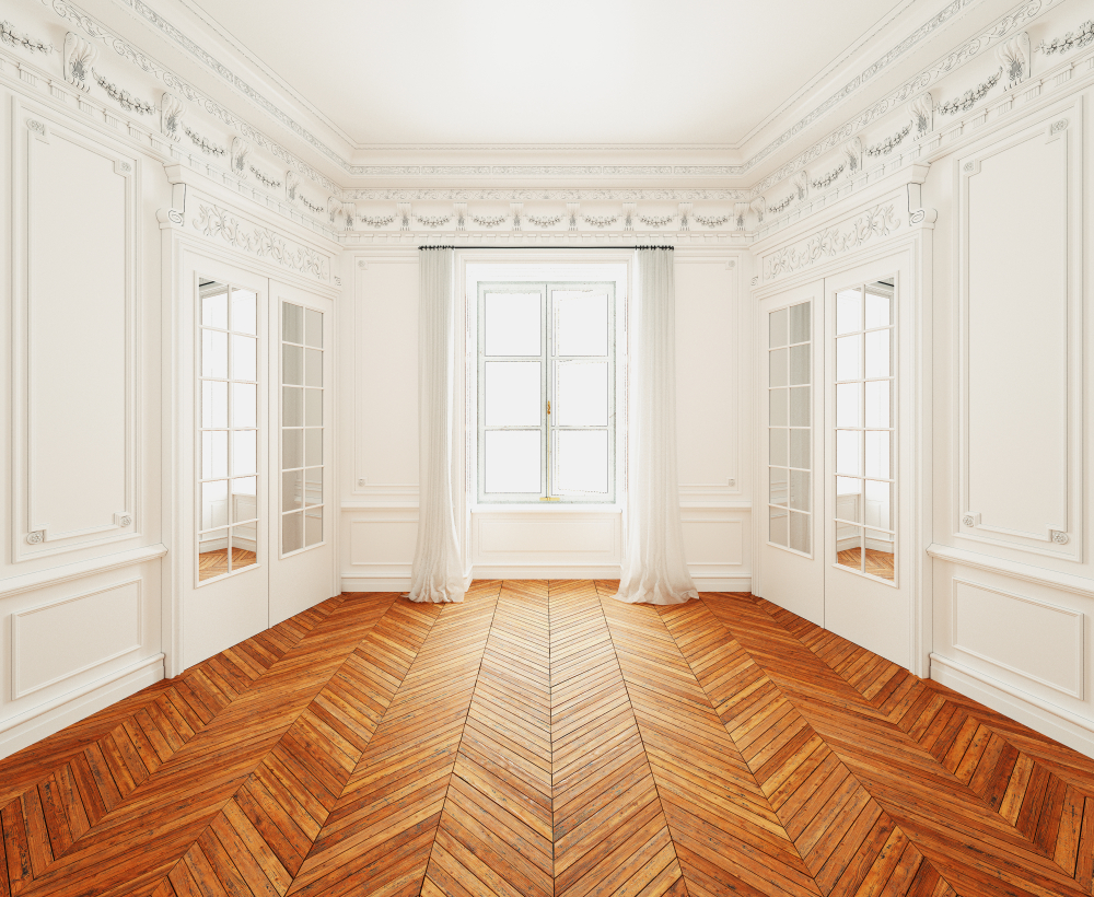 parquet point de hongrie dans une grande pièce blanche